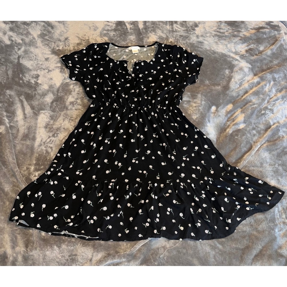 Passport Black Daisy Floral Button Front Elastic Waist Ruffle Mini Dress XL